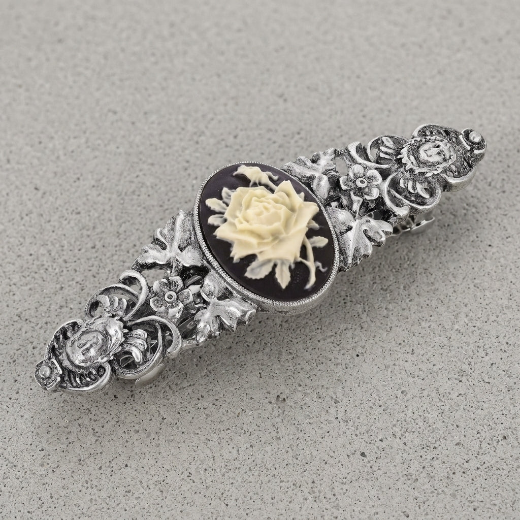 Silver tone Crowned Princess Floral Cameo Hair Barrette on a gray background