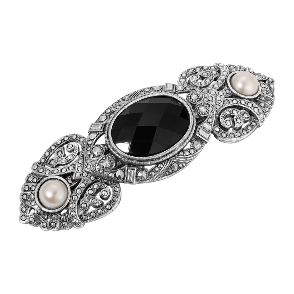 1928 Jewelry Deco Jet Black Glass Stone Light Pink Faux Pearl & Marcasite Encrusted Hair Barrette