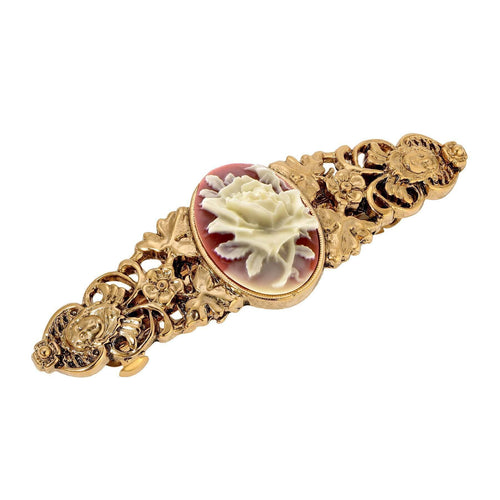 Vintage Gold Filigree Cameo Hair Barrette Accessory with Faux Pearls 1928 Jewelry Golden Floral Etched Faux Pearls Hair Barrette main image 4