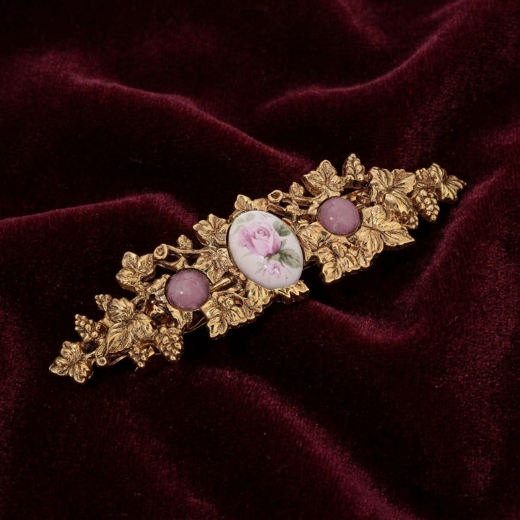Pink Rose Decal & Moonstones Floral Hair Barrette on red fabric