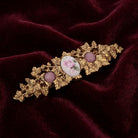 Pink Rose Decal & Moonstones Floral Hair Barrette on red fabric