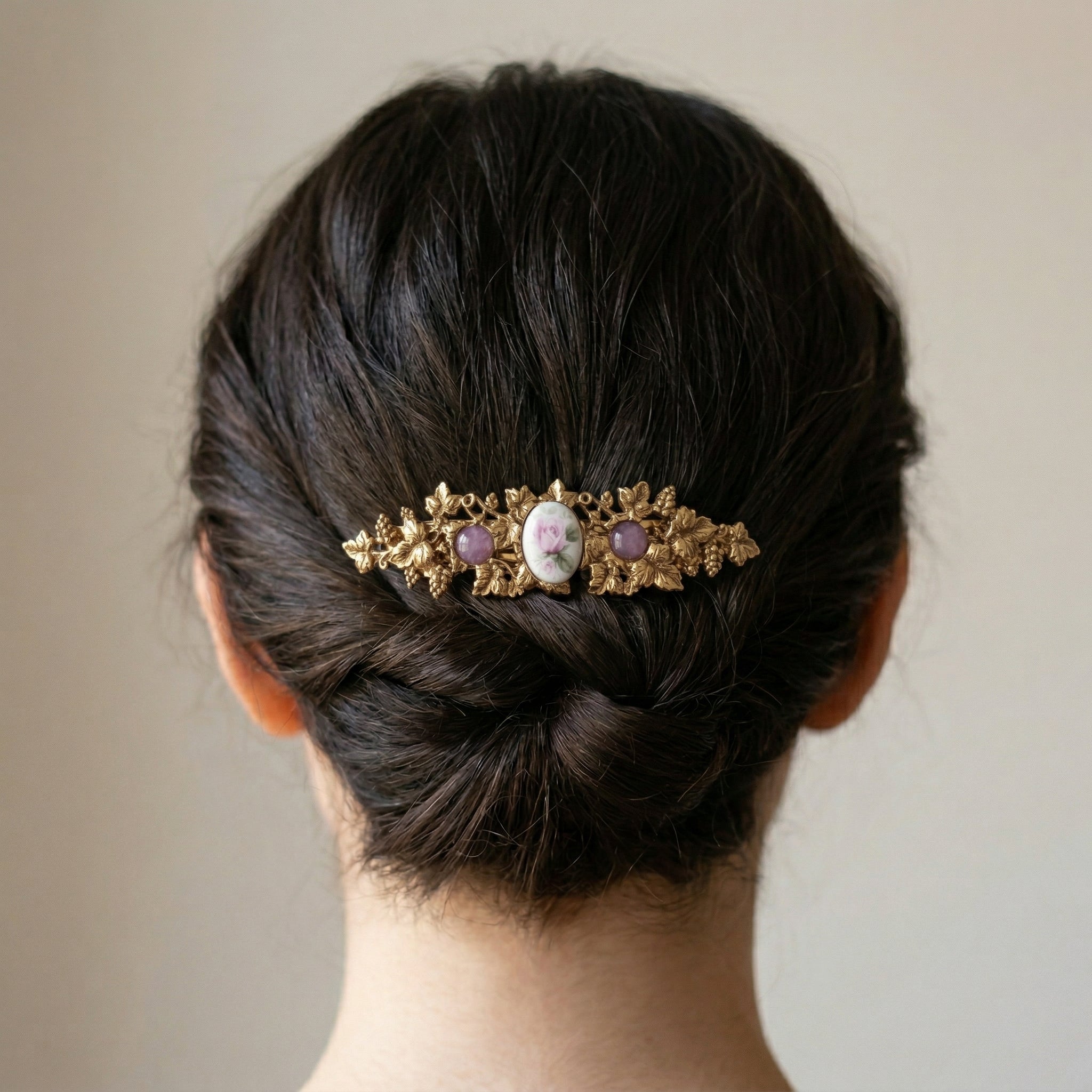 Woman wearing a Pink Rose Decal & Moonstones Floral Hair Barrette