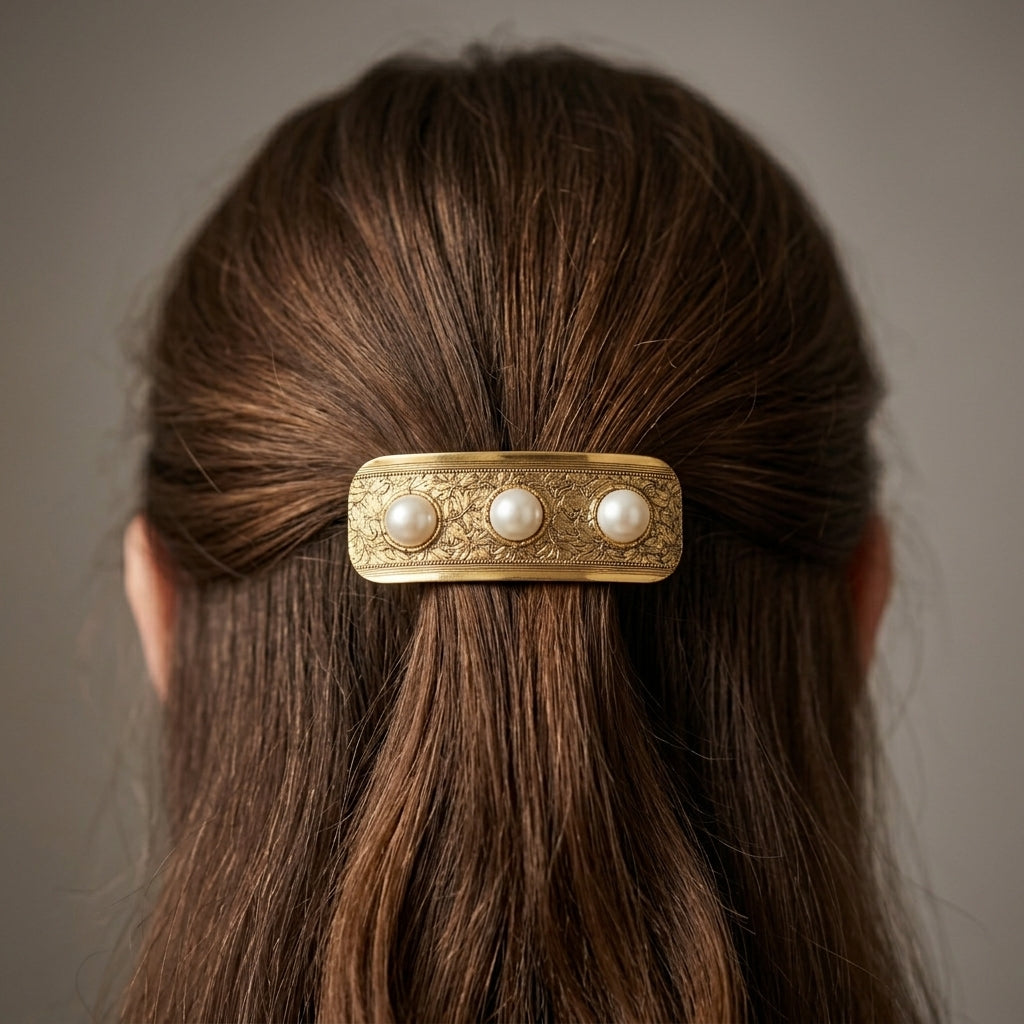 Woman wearing a Golden Floral Etched Faux Pearls Hair Barrette