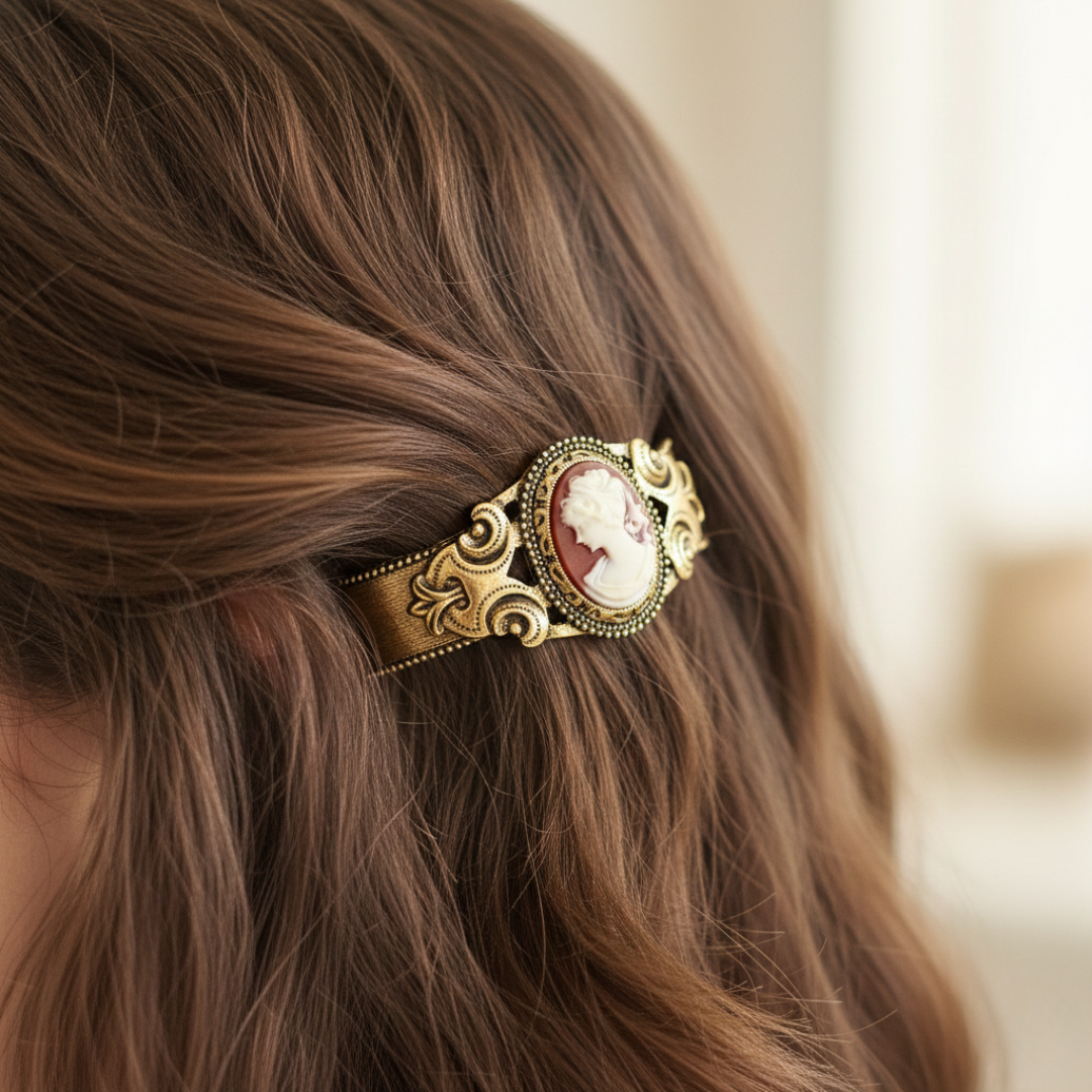 Decorative barrette with a cameo design in brown hair against a blurred background.