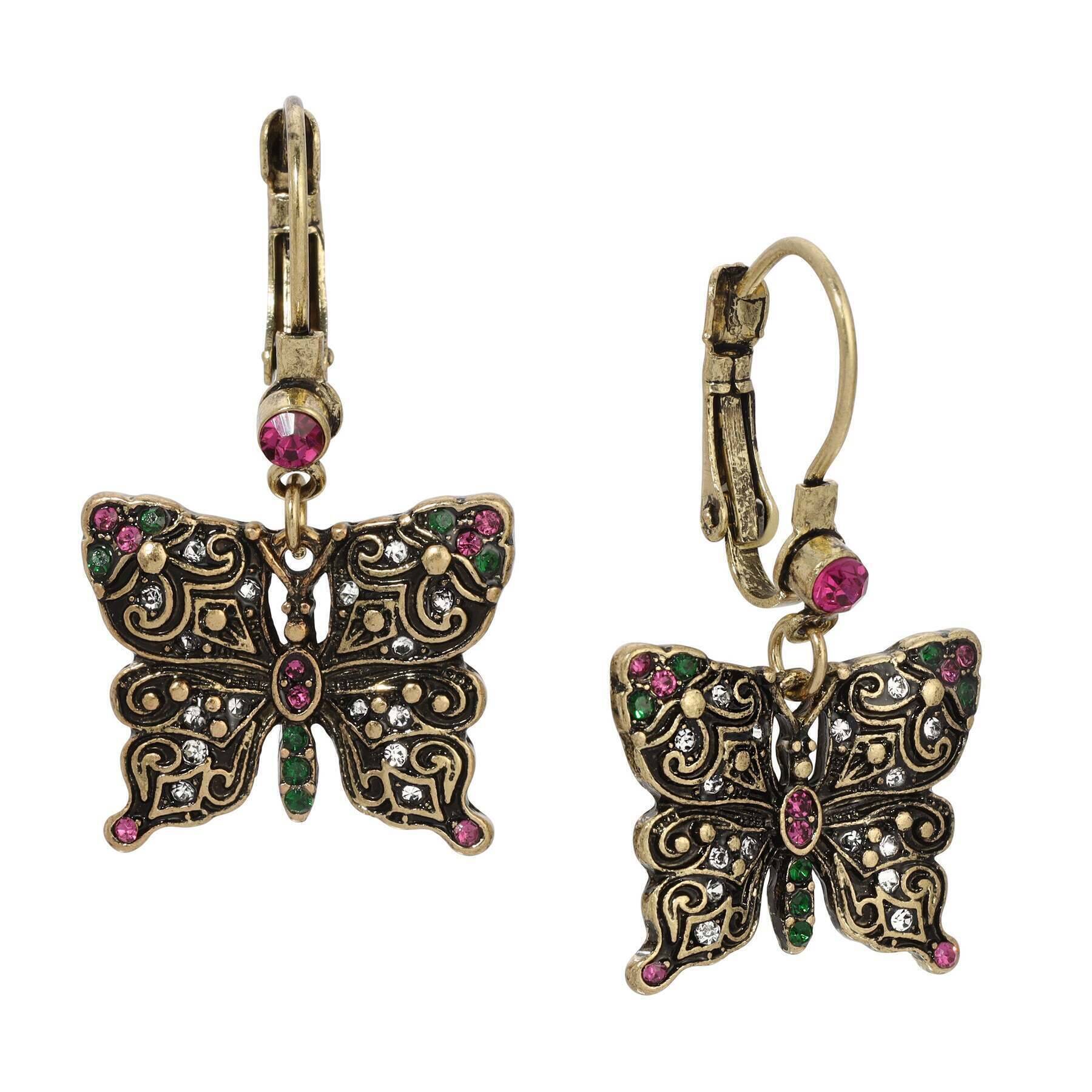 Regency Antiqued Butterfly Multi Color Crystals Drop Earrings