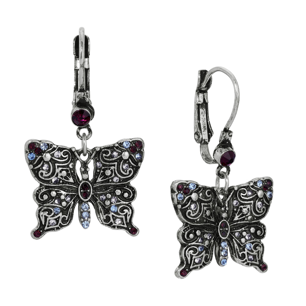 Regency Antiqued Butterfly Multi Color Crystals Drop Earrings