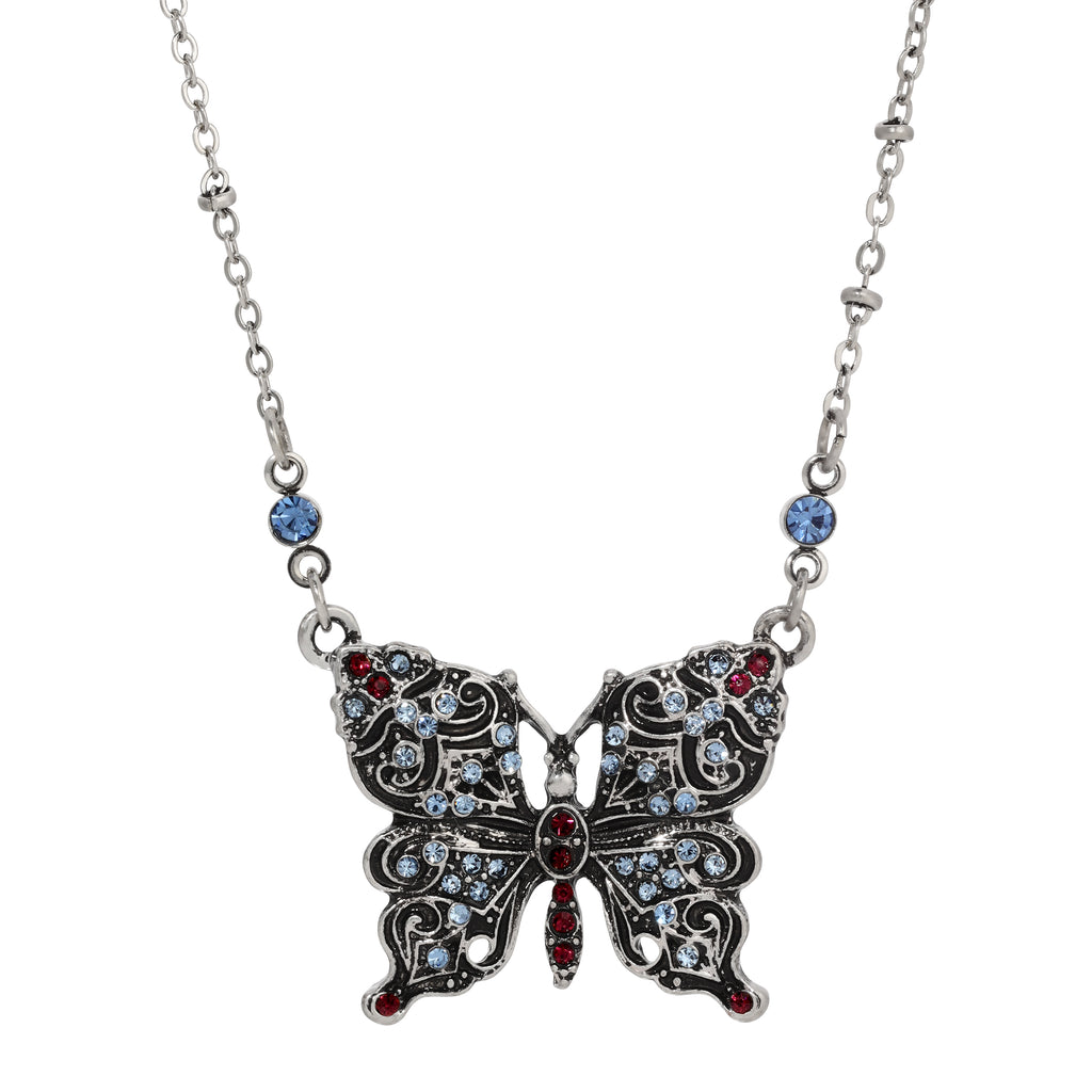 Regency Antiqued Butterfly Multi Color Crystals Pendant Necklace 16" + 3" Extension