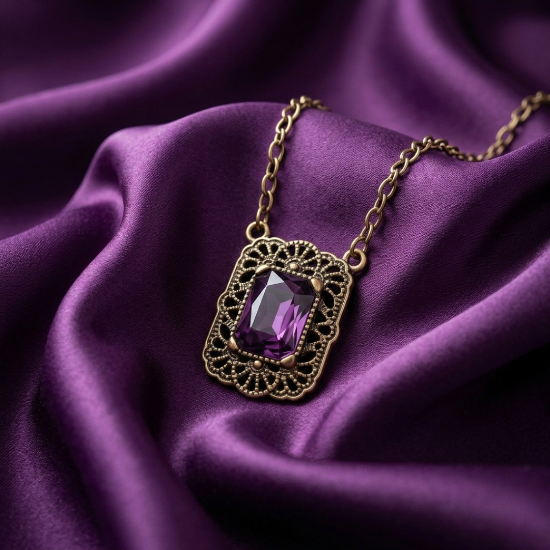 Gold necklace with a purple crystal pendant on purple fabric