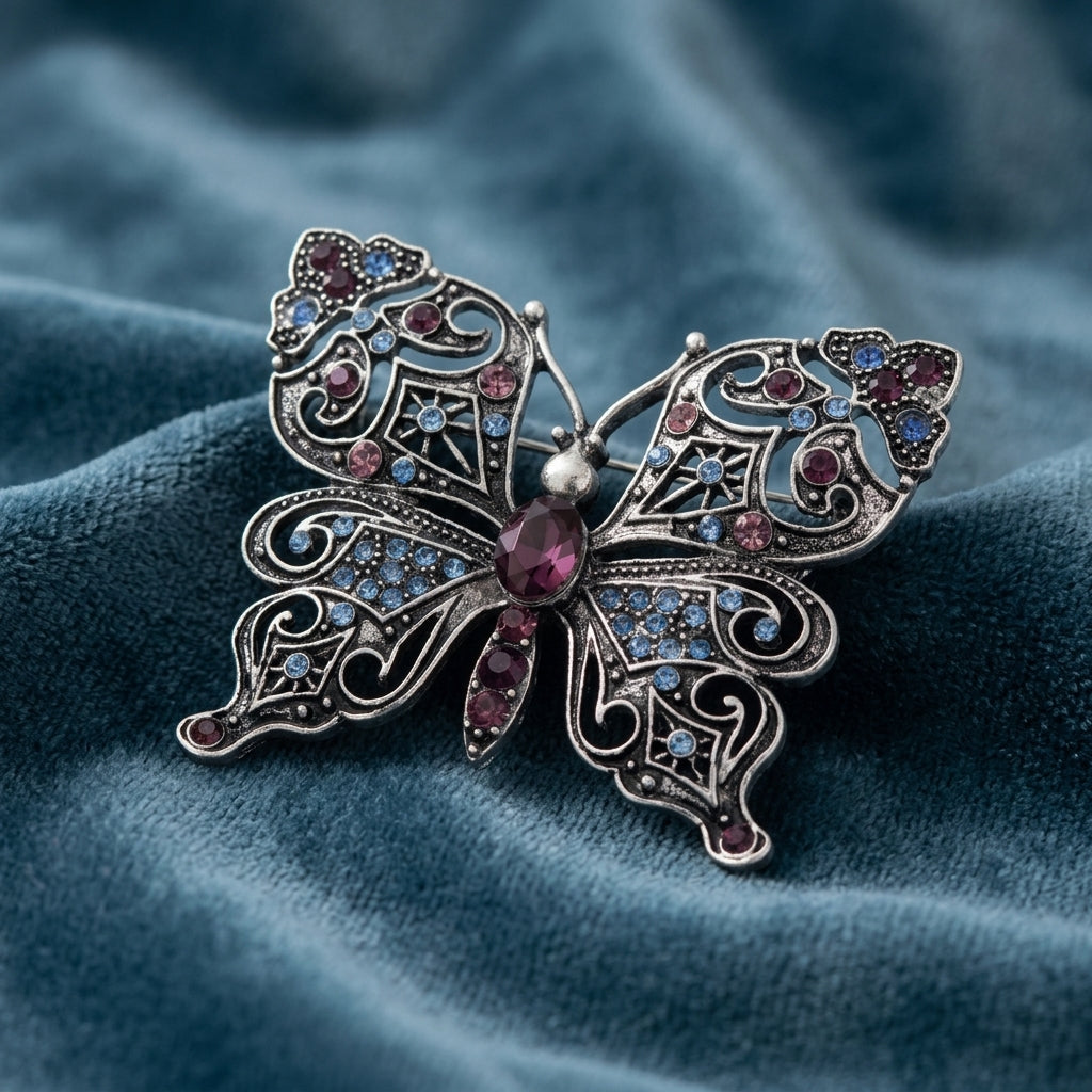 Antiqued Butterfly Multi Color Crystals Brooch on a blue fabric background