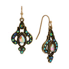 Gold Tone Iridescent AB Crystal & Blue Stone Teardrop Wire Earrings