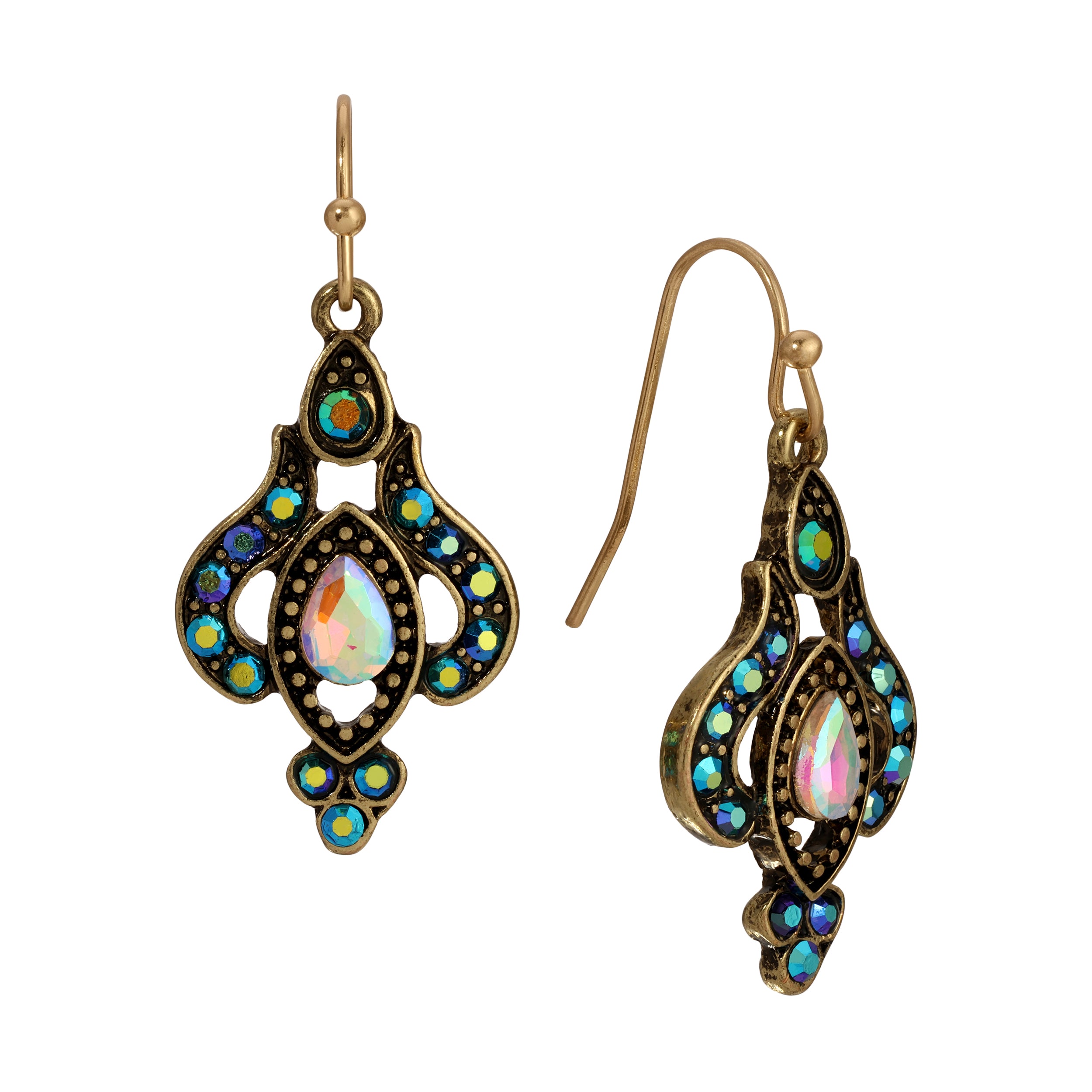 Gold Tone Iridescent AB Crystal & Blue Stone Teardrop Wire Earrings