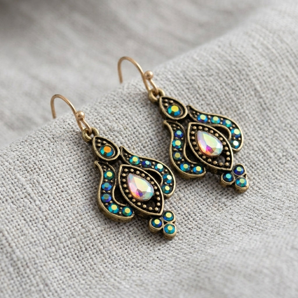 Iridescent AB Crystal & Blue Stone Teardrop Earrings on gray linen