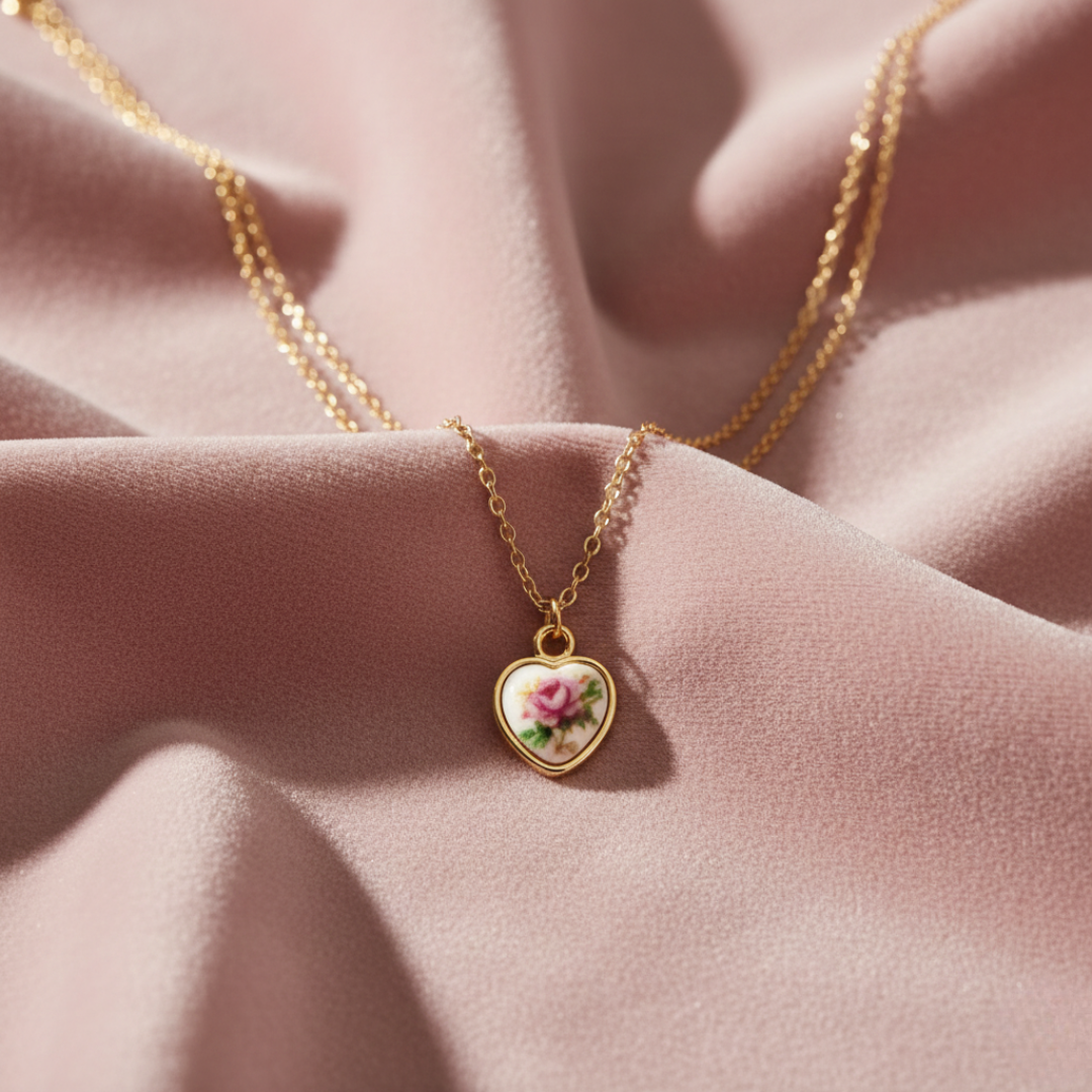 Gold necklace with a heart-shaped floral pendant on a pink fabric background