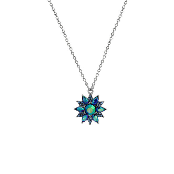 Blue Iridescent Crystal Sunburst Pendant Necklace 15