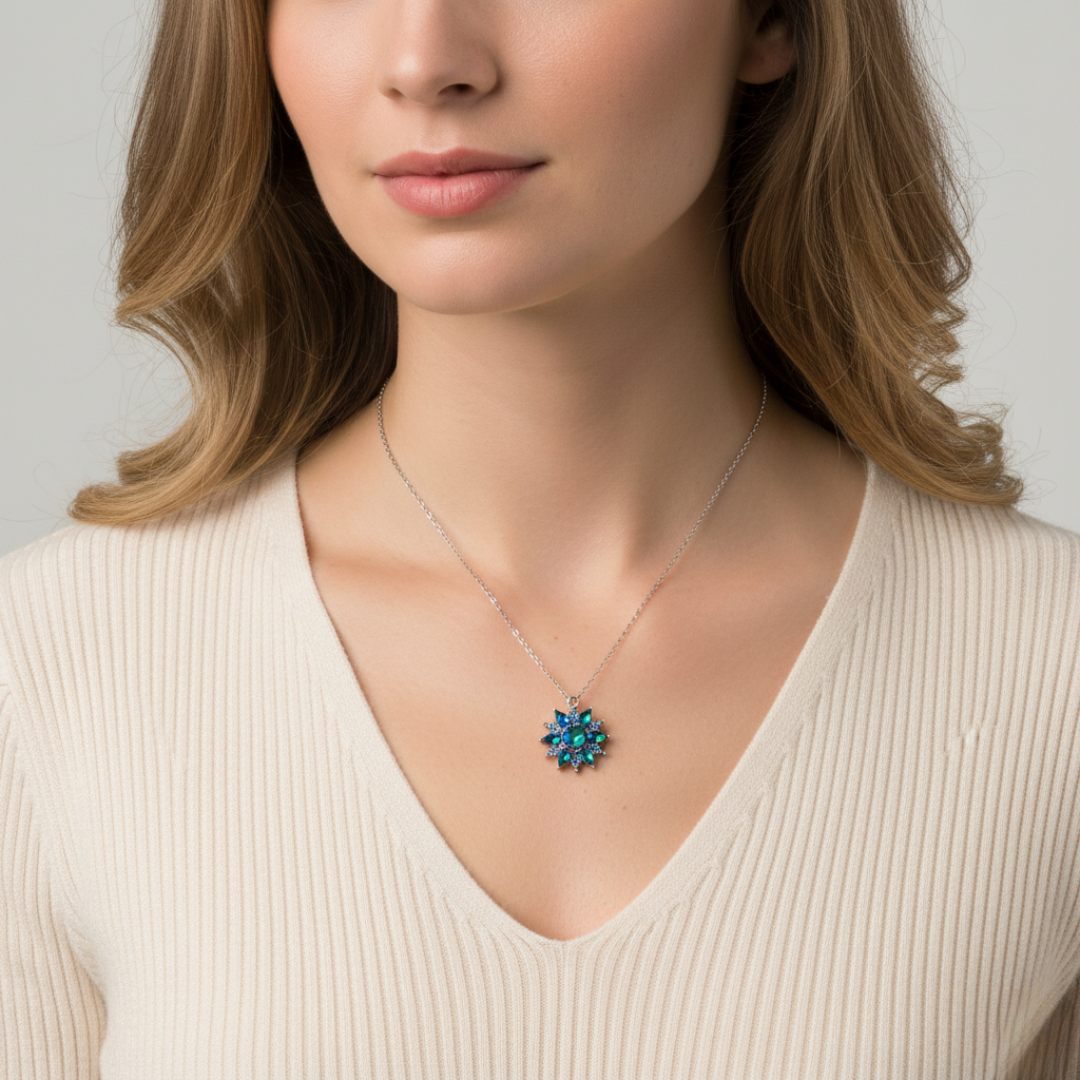 Woman wearing a necklace with a blue floral pendant against a neutral background