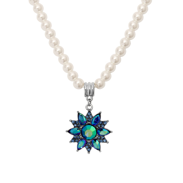 Faux Pearl Strand Blue Iridescent Crystal Sunburst Pendant