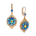 Antiqued Filigree Iridescent Blue AB Crystal & Sapphire Blue Stone Flower Drop Earrings