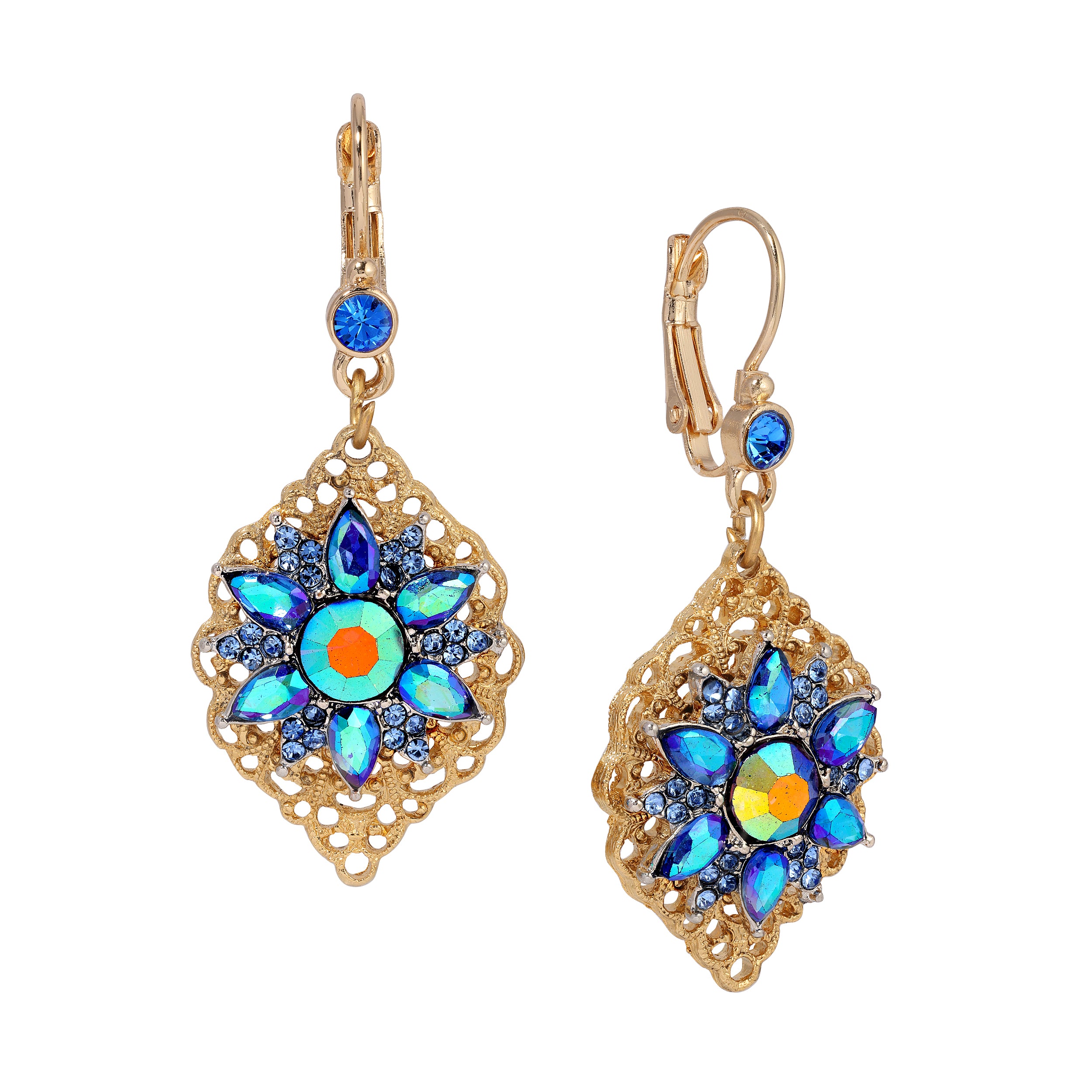 Antiqued Filigree Iridescent Blue AB Crystal & Sapphire Blue Stone Flower Drop Earrings