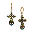 Gold Iridescent AB Crystal & Blue Stone Filigree Cross Leverback Earrings