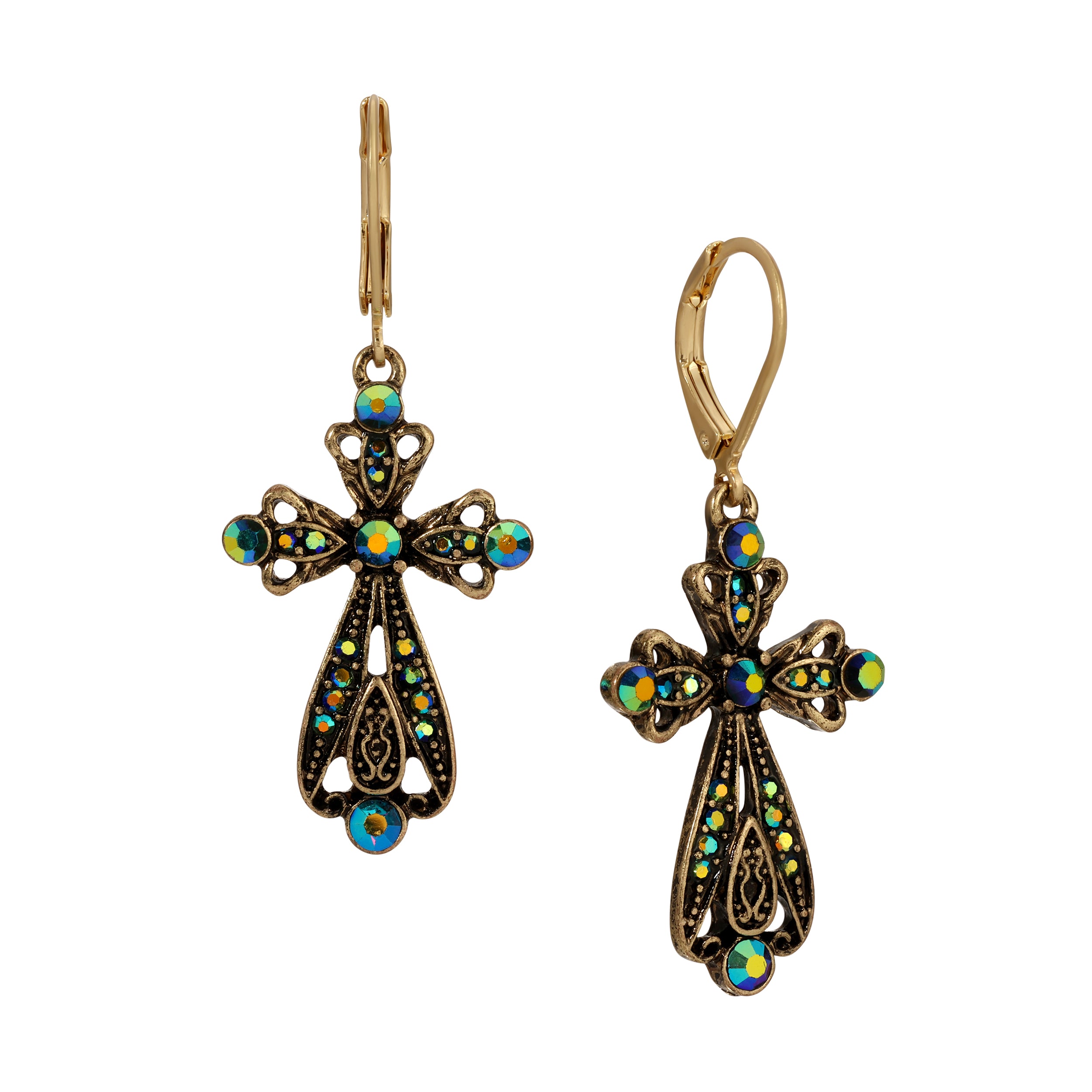 Gold Iridescent AB Crystal & Blue Stone Filigree Cross Leverback Earrings