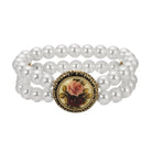 Gold Tone Red & Pink Flower Decal Double Strand Pearl Bead Stretch Bracelet