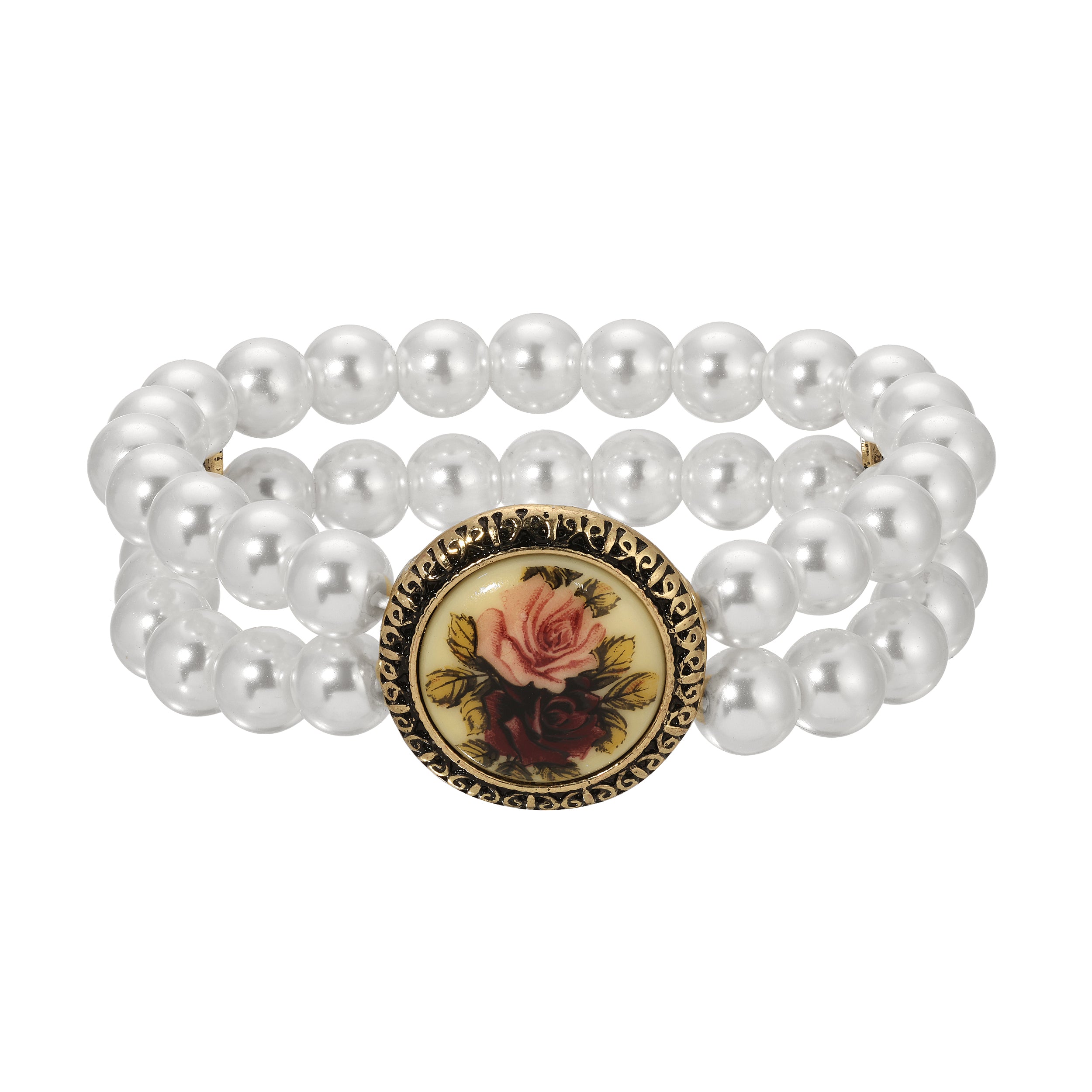 Gold Tone Red & Pink Flower Decal Double Strand Pearl Bead Stretch Bracelet