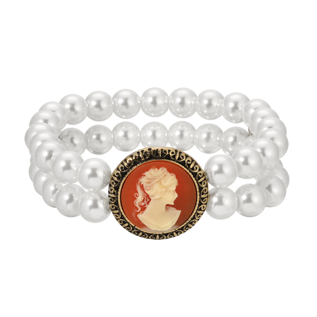 Carnelian Red & Ivory Cameo Double Strand Glass Pearl Beaded Stretch Bracelet