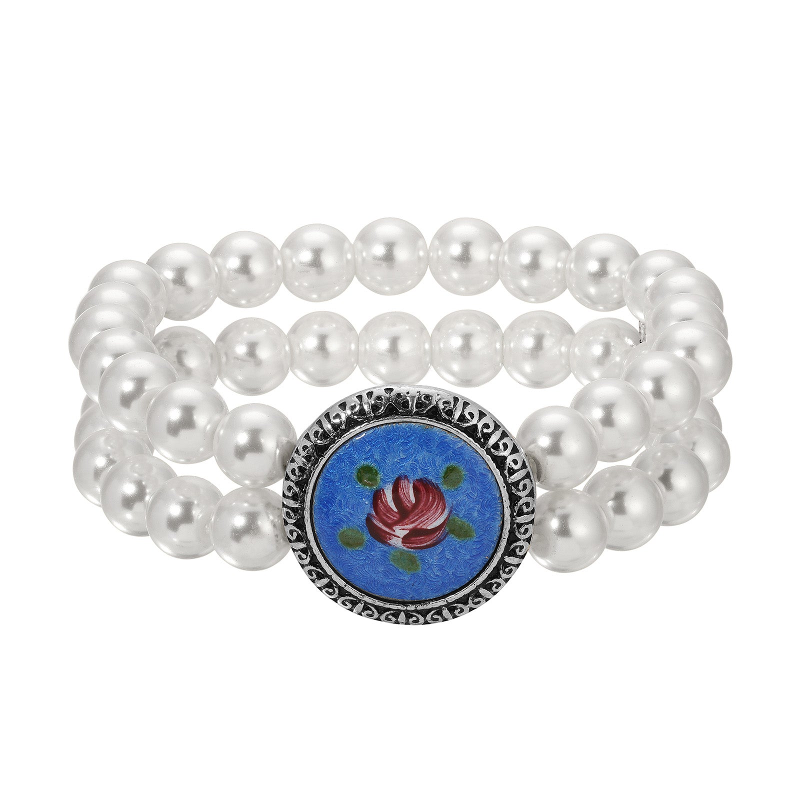 Silver Tone Blue & Pink Flower Decal Double Strand Pearl Bead Stretch Bracelet