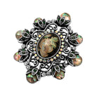 Jet Black Oval Cabochon High Dome Stone & Multicolored Iridescent Crystal Floral Brooch