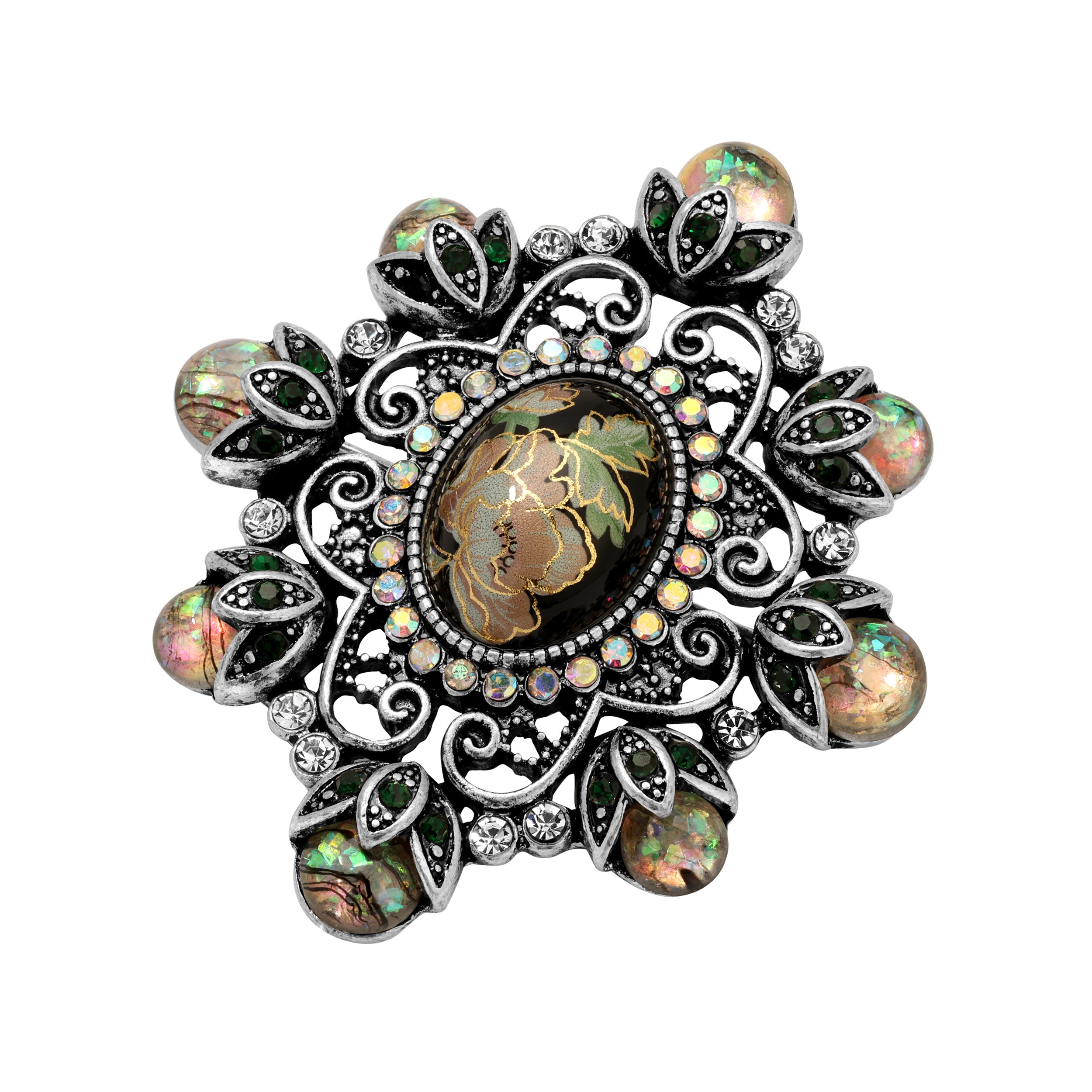 Jet Black Oval Cabochon High Dome Stone & Multicolored Iridescent Crystal Floral Brooch