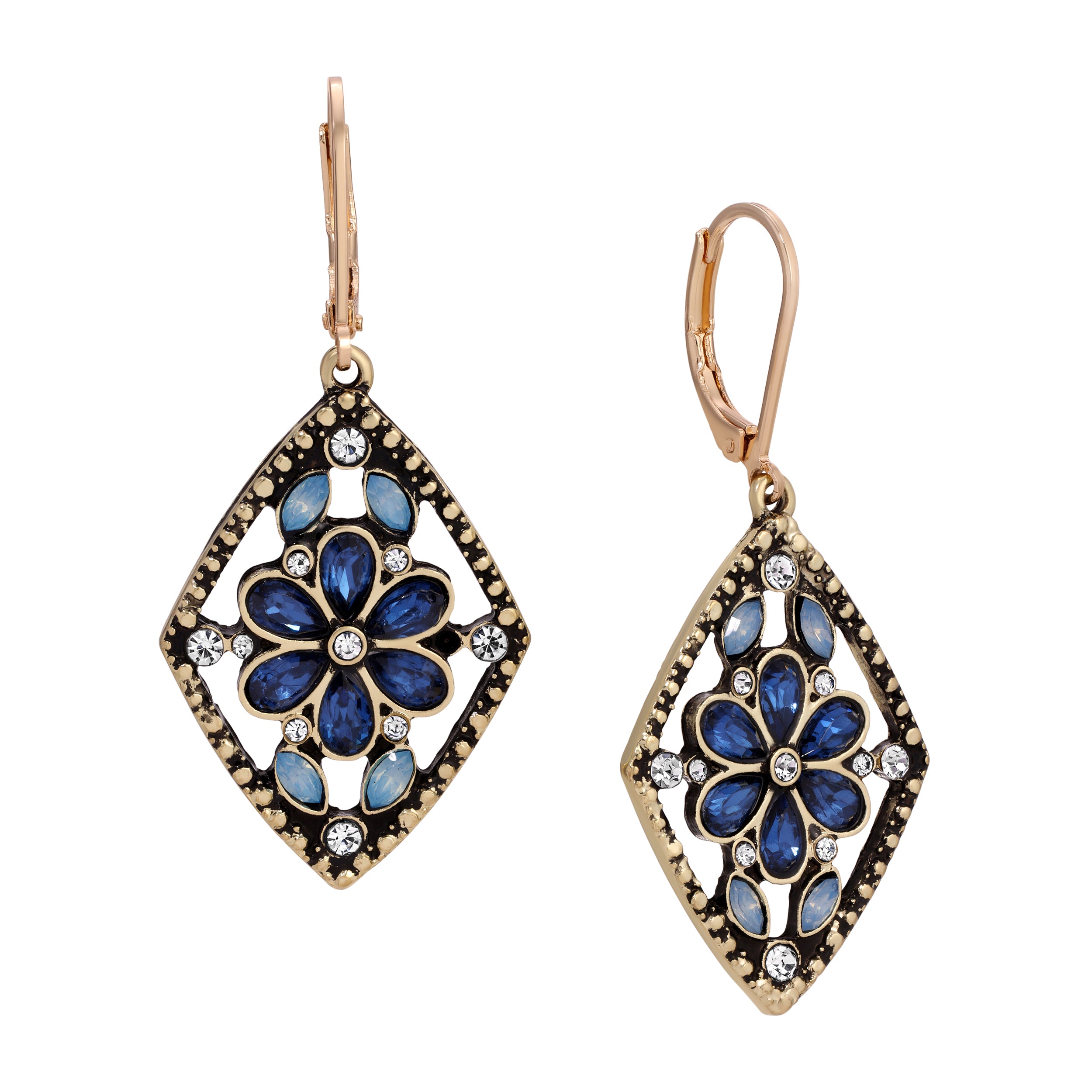 Diamond Shaped Flower Blue Crystal Drop Earrings