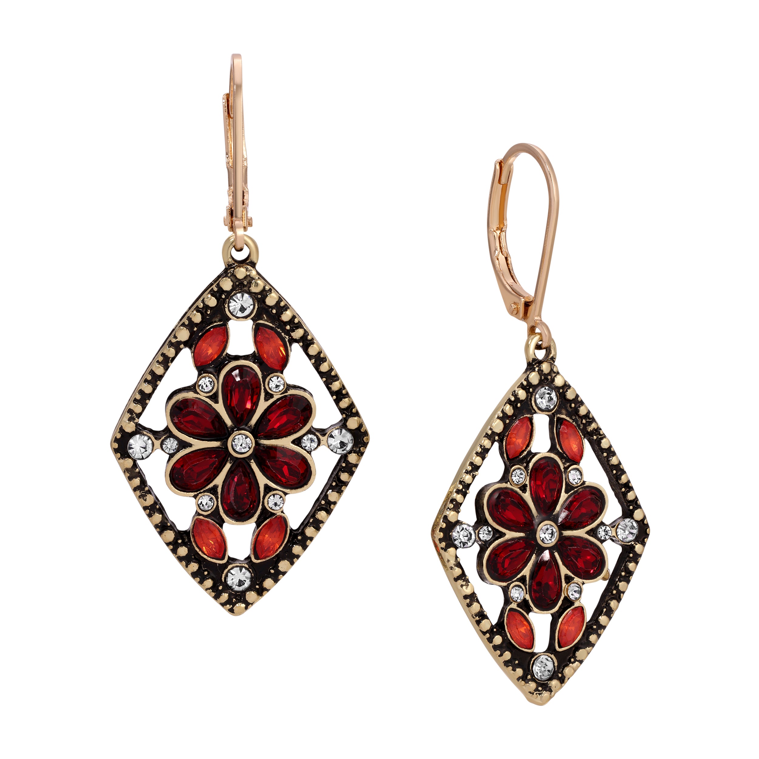 Diamond Shaped Flower Red Crystal Drop Earrings