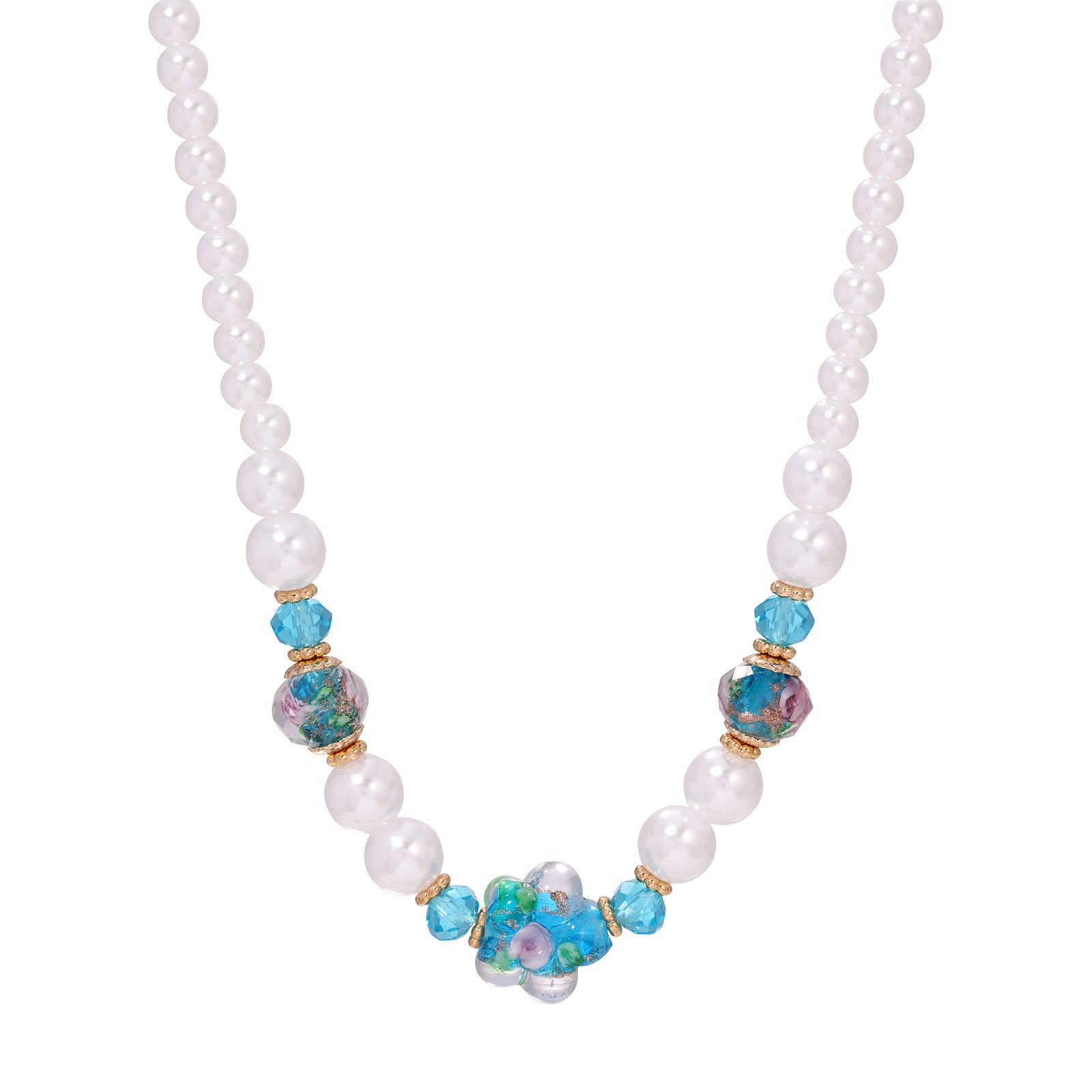 Blooming Blue Flower & Mixed Faux Pearl Beaded Necklace 16" + 3" Extension