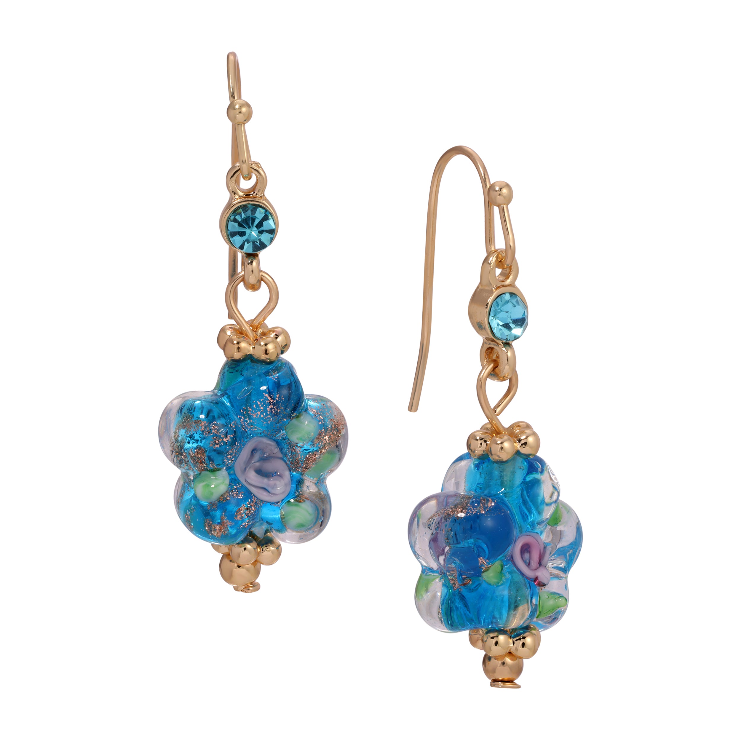 Blue Blooming Flower Bead & Crystal Drop Earrings