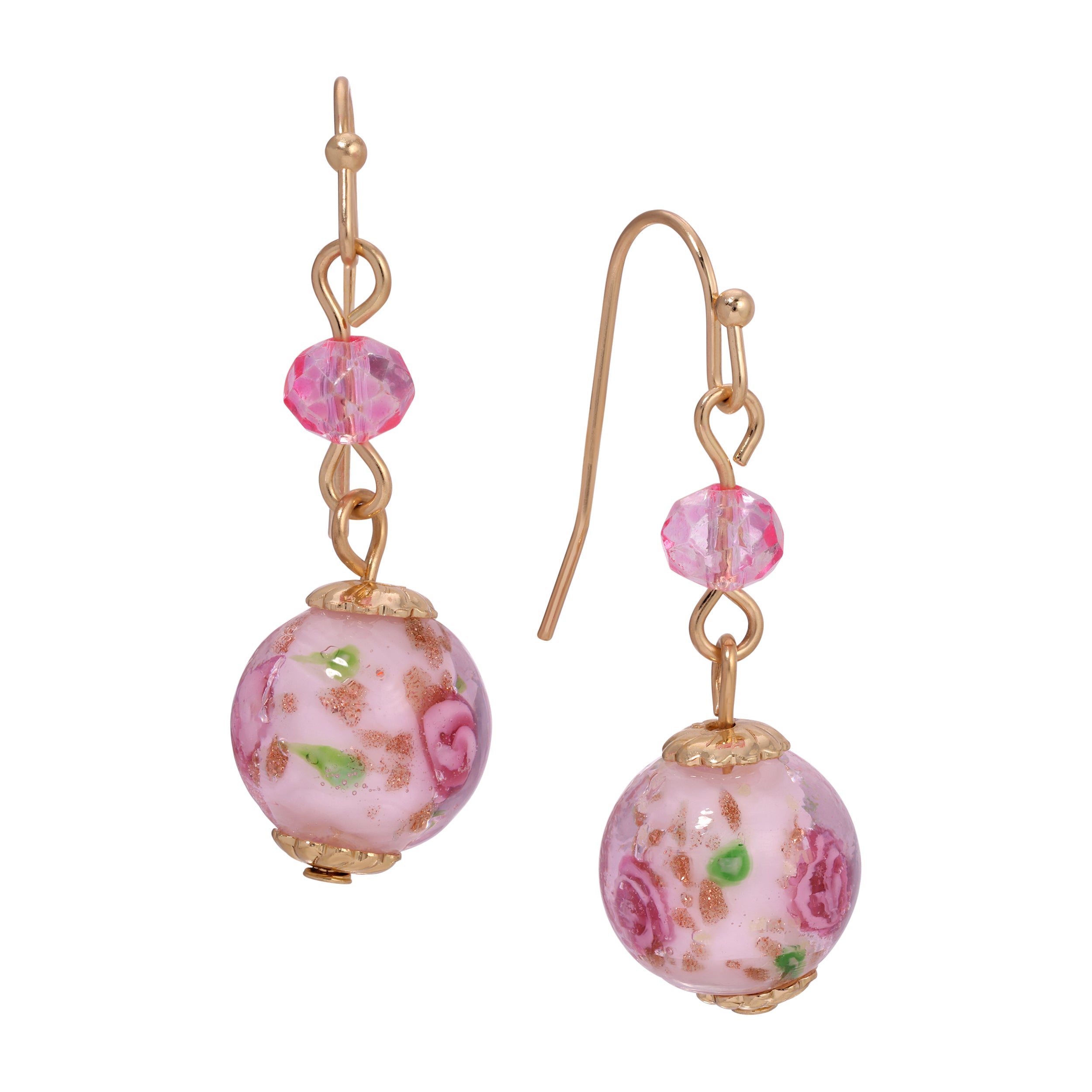 Golden Rose Blossom Pink Bead Drop & Dangle Earrings