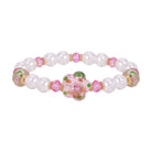 Blooming Pink Flower & Round Faux Pearl Beaded Stretch Bracelet