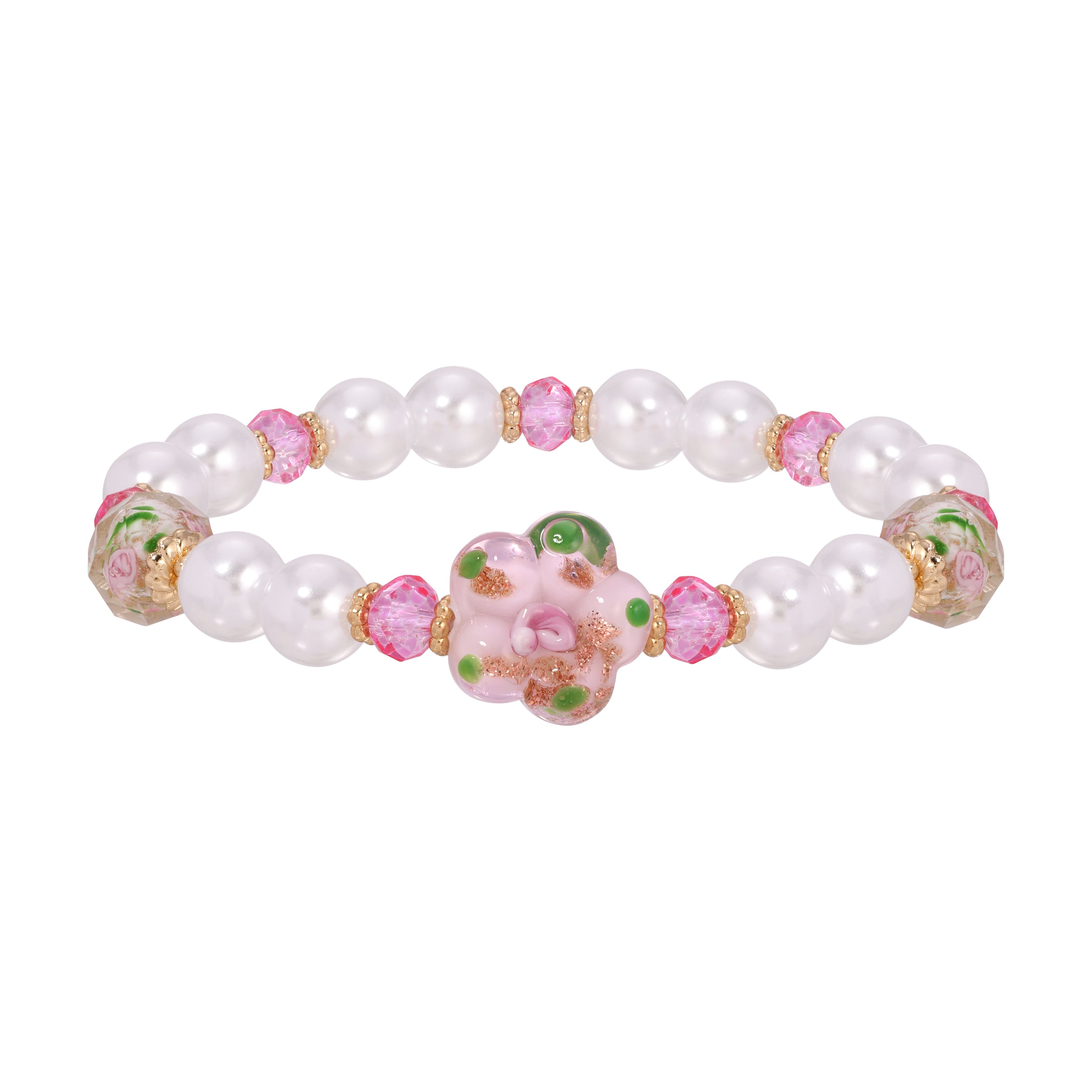 Blooming Pink Flower & Round Faux Pearl Beaded Stretch Bracelet
