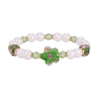 Blooming Green Flower & Round Faux Pearl Beaded Stretch Bracelet
