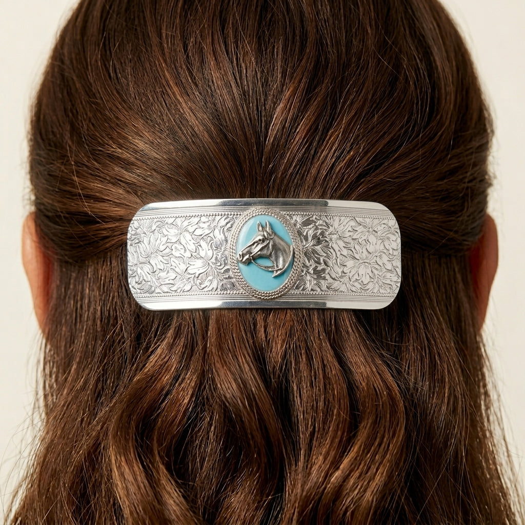 Woman wearing a Southwest Turquoise Enamel Horse Head Floral Hair Barrette in her hair
