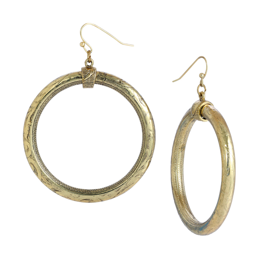 1928 Jewelry Etched Vine Motifs Large Gold Hoop Earrings