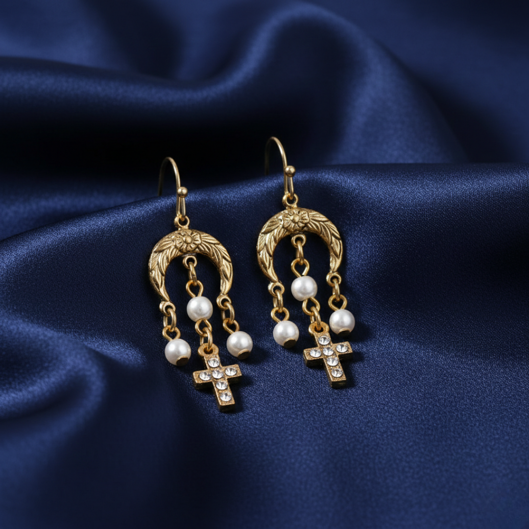 Gold earrings with faux pearls and crosses with clear crystals on a blue satin background