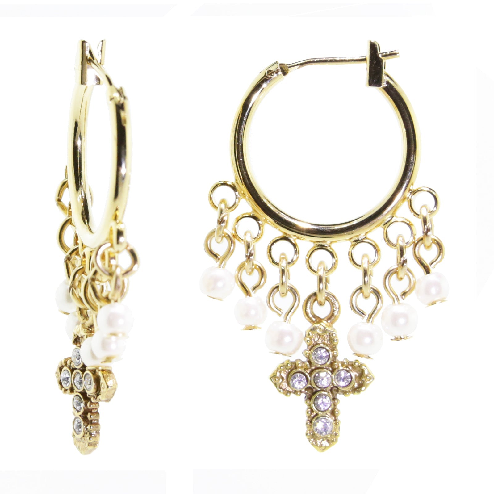 1928 Spiritual White Faux Pearl And Crystal Cross Hoop Drop Earrings