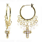 1928 Spiritual White Faux Pearl And Crystal Cross Hoop Drop Earrings