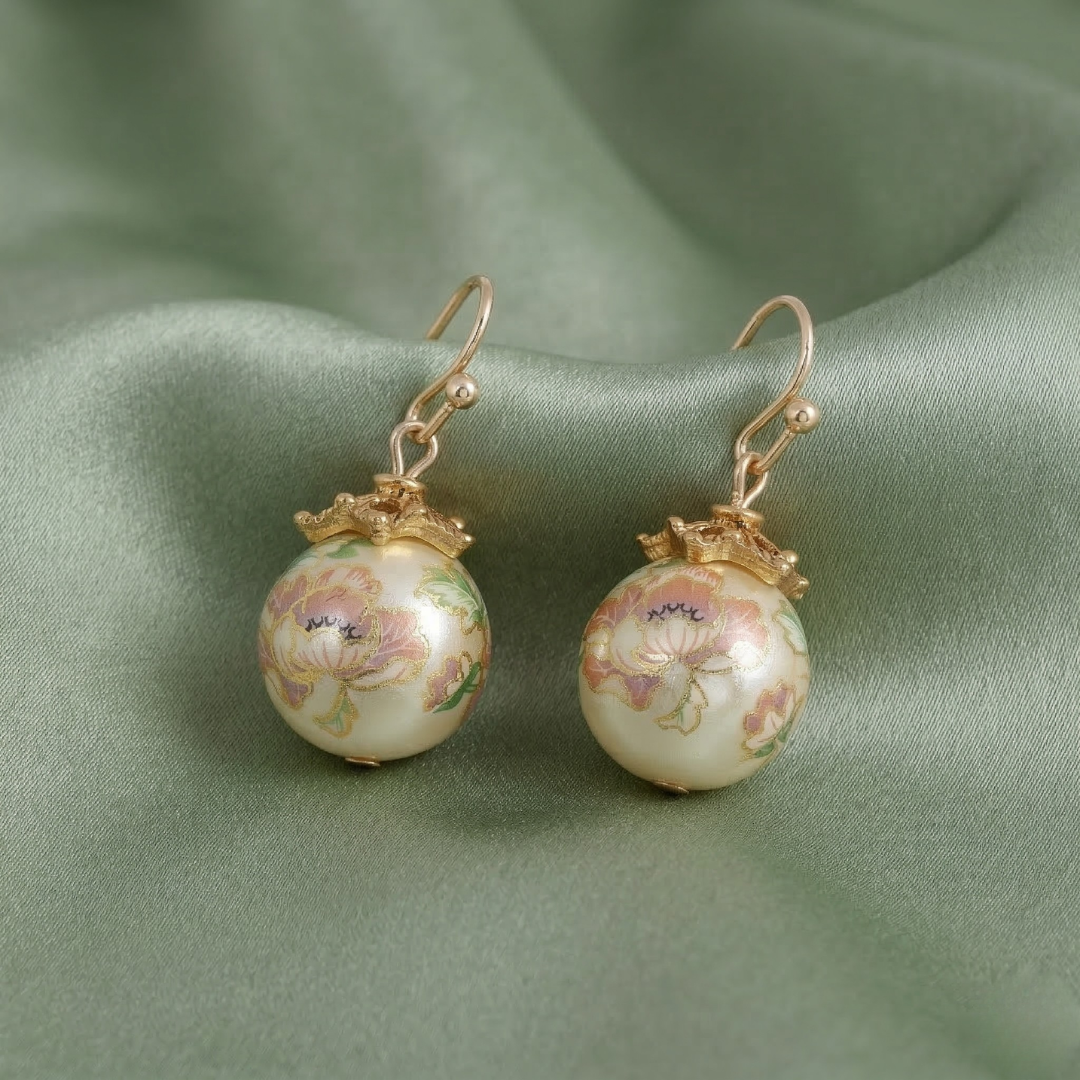 Pair of floral earrings on a green fabric background