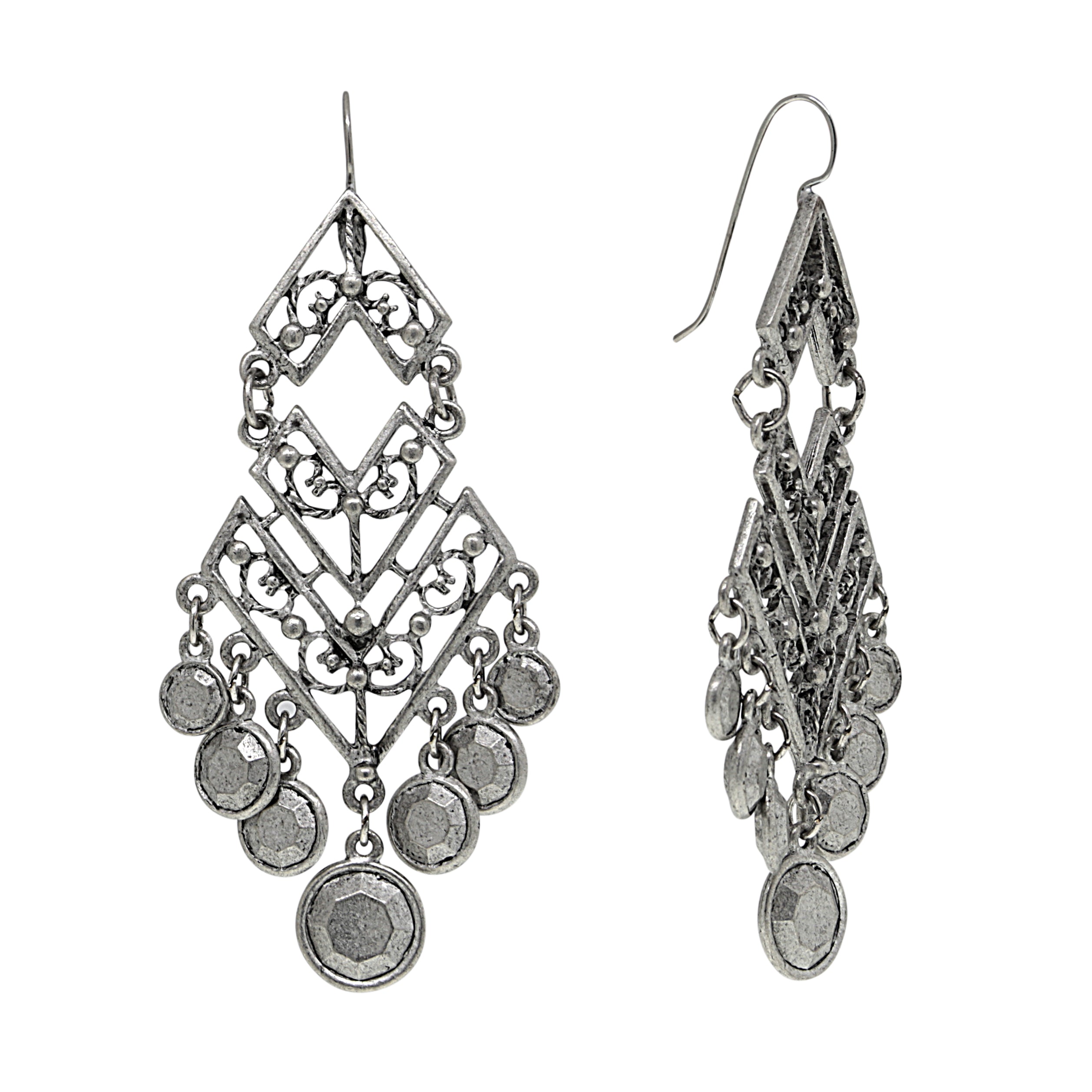 T.R.U. Silver Round Stones Chevron Chandelier Earrings