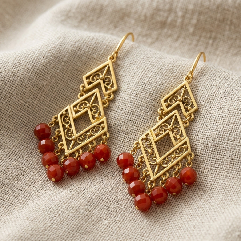 Carnelian Gemstones Chevron Chandelier Earrings resting on linen fabric