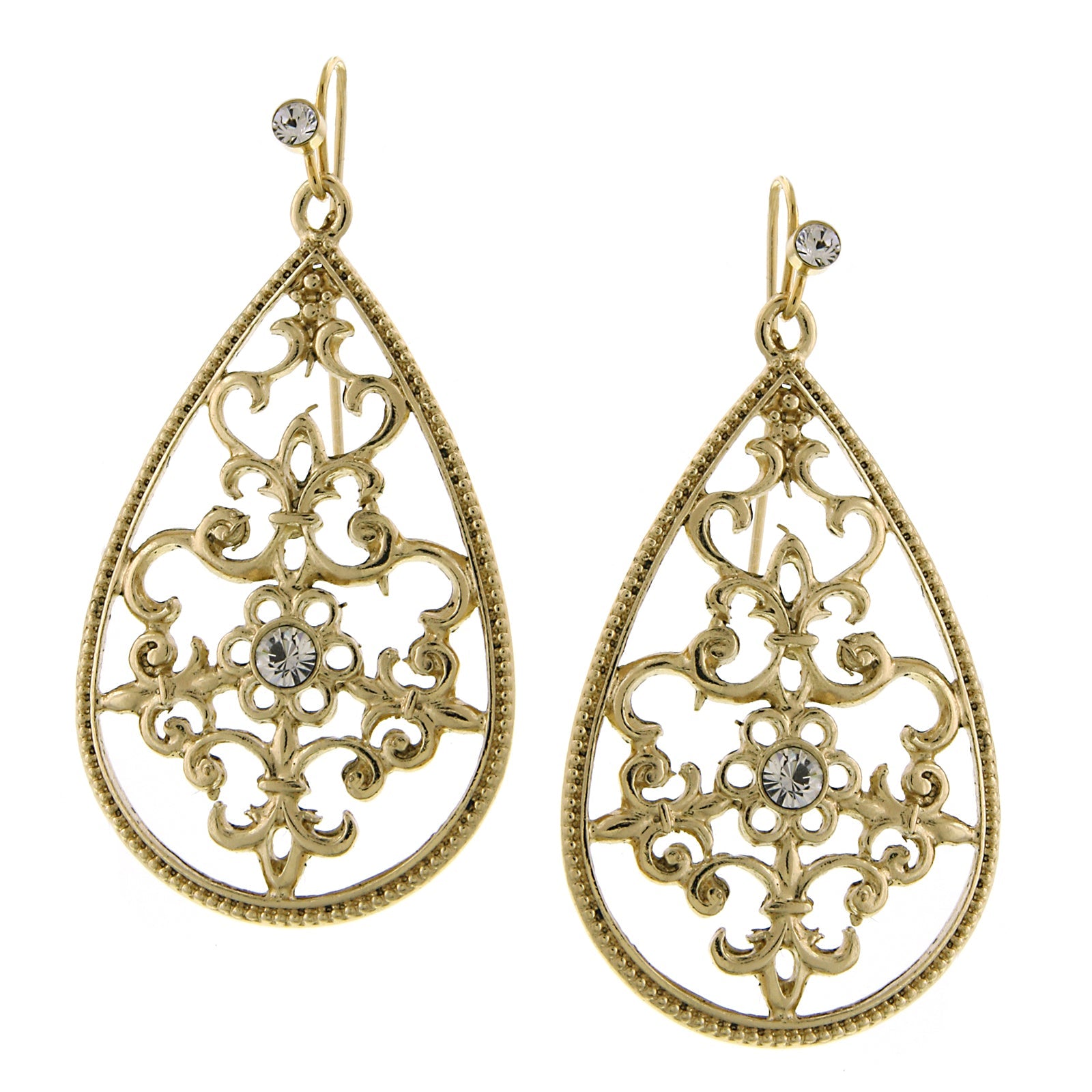 1928 Jewelry Golden Glitz Teardrop Crystal Filigree Drop Earrings