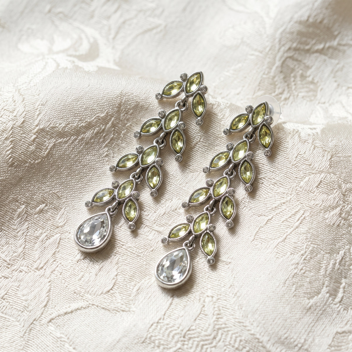 Antiquities Couture Crystal Vine Linear Teardrop Dangling Earrings vintage style patterned white fabric