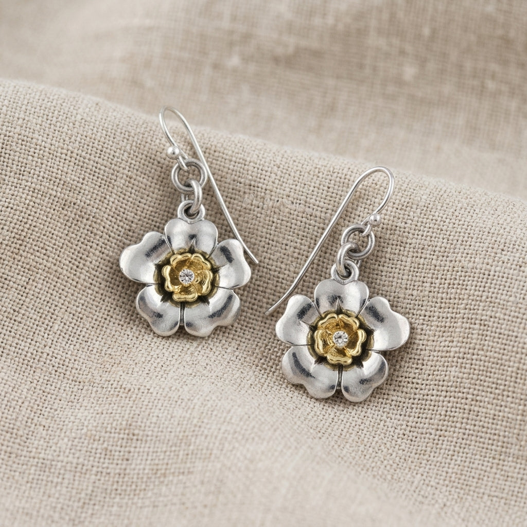 Two Tone Crystal Flower Drop Earrings on light tan linen