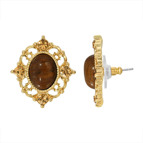 1928 Jewelry Topaz Crystal And Topaz Cat Eye Button Earrings